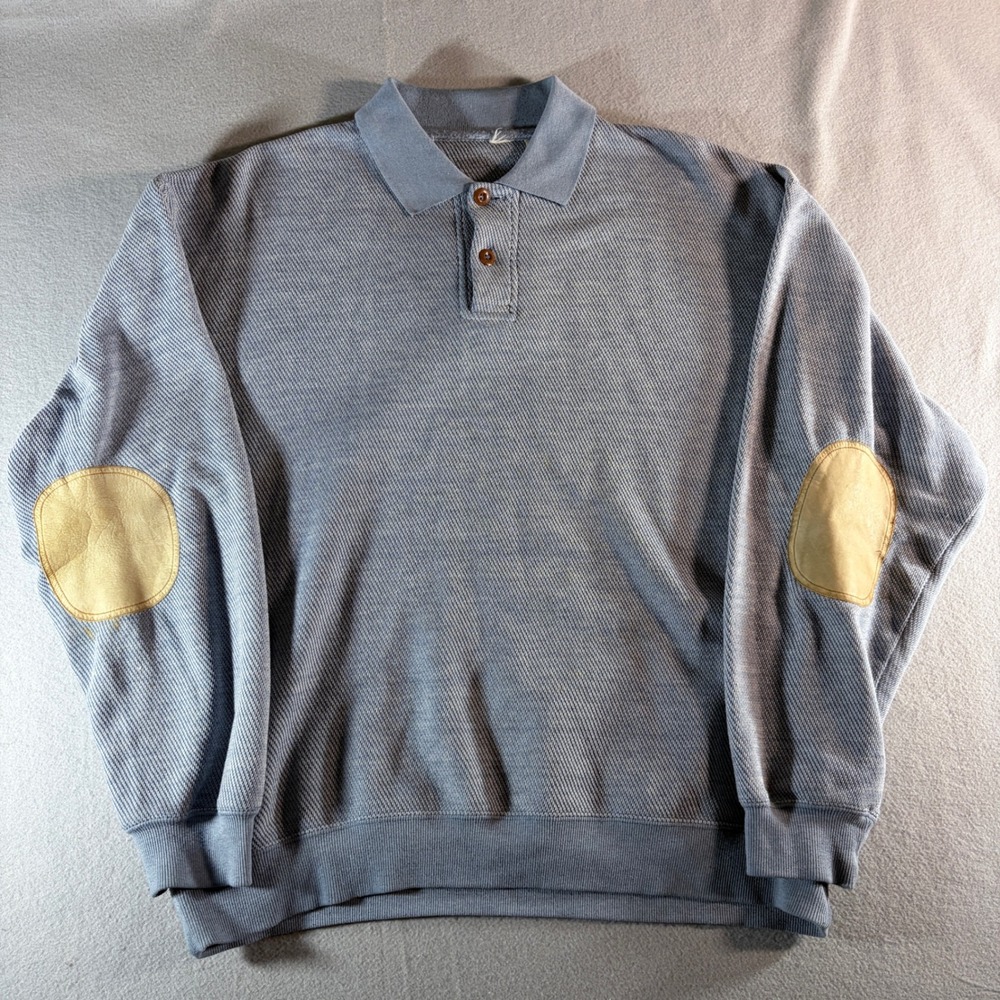 Mens Blue Textured Knit Long Sleeve Polo Shirt‎ Elbow Patches Large RN 70534